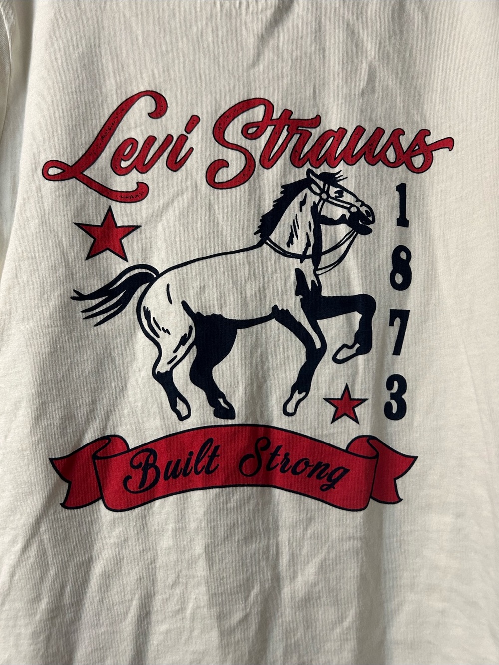 Levi's White Short Sleeve Tee with Red Script & Navy Horse Graphic